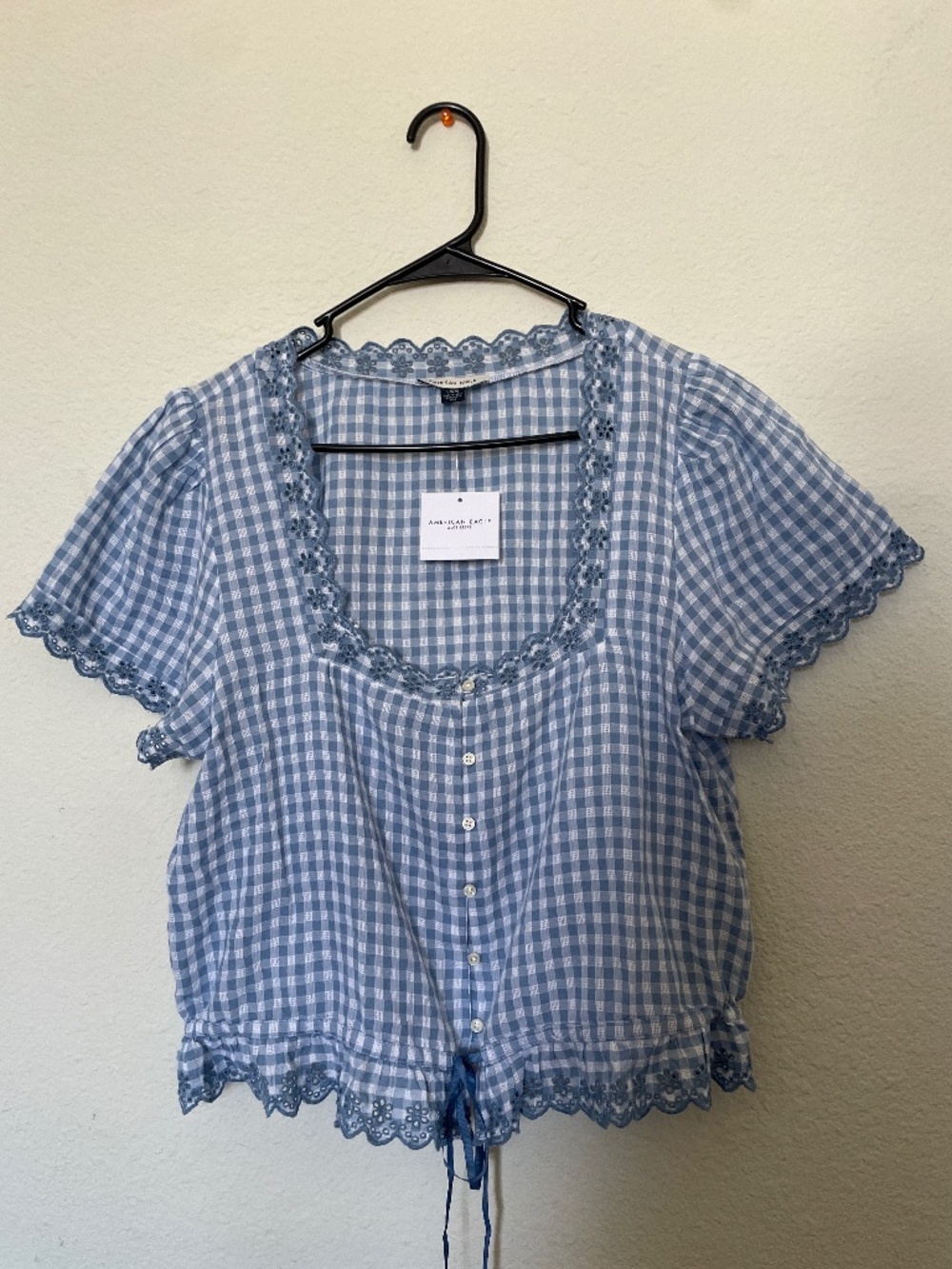 New with tags American eagle blue checkered button top embroidered size Large